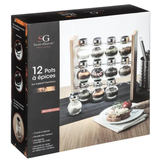 12 Pots à Épices avec son Support en Bambouvoir