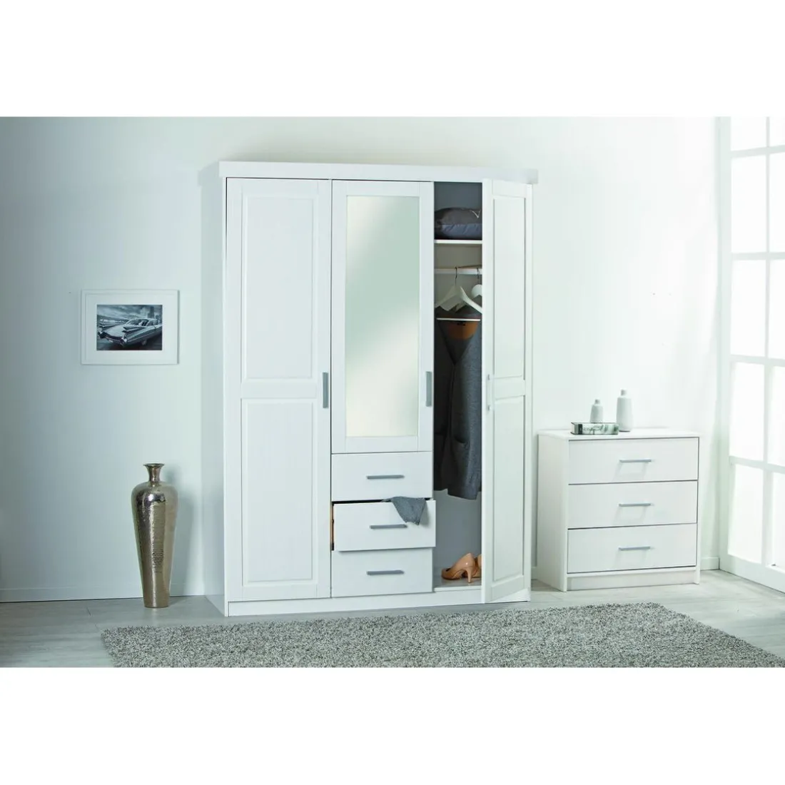 Armoire à Miroir en Pin Massif Blanc ELOBA