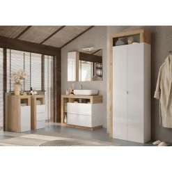 Armoire de rangement salle de bain Ancona 2 Portes 5 étagères coloris Chêne L65xH188 cm