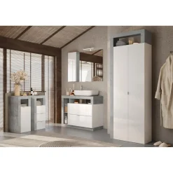 Armoire de rangement salle de bain 2 Portes 5 étagères coloris effet béton façade blanc