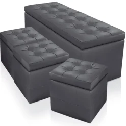 Banquette et 3 poufs gris en simili Saint John's