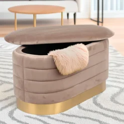Banquette-coffre moderne matelassée avec base dorée Philae Velours Taupe