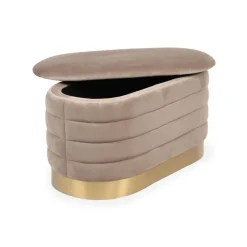 Banquette-coffre moderne matelassée avec base dorée Philae Velours Taupe