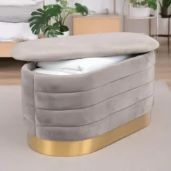 Banquette-coffre moderne matelassée avec base dorée Philae Velours Gris clair