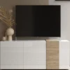 Base TV 3 portes battants blanc lacqué brillant chene