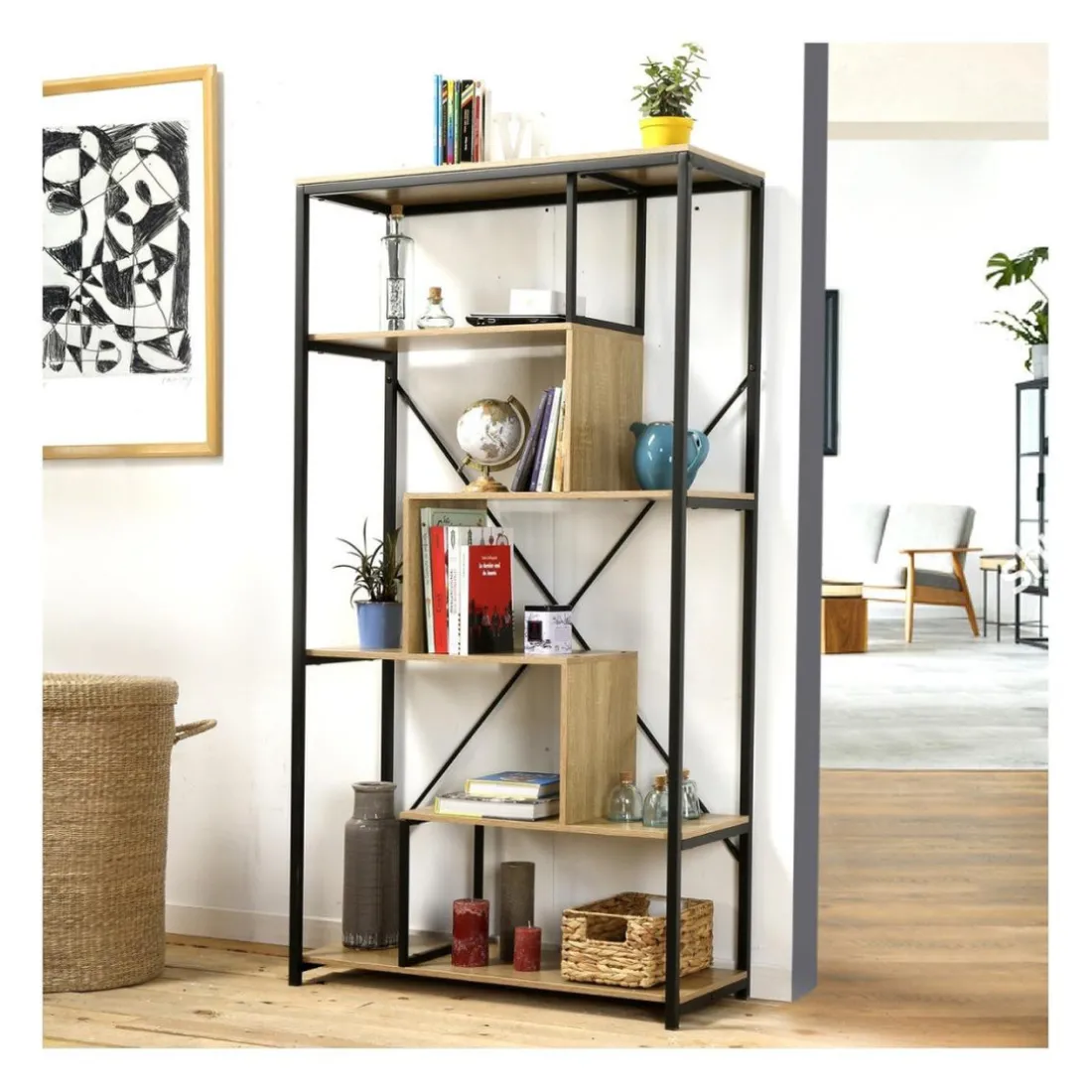 Bibliothèque avec étagères 6 niveaux en Bois Beige