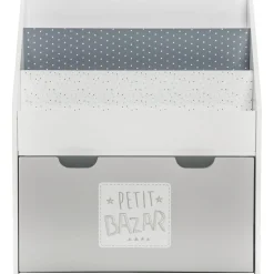 Bibliothèque gris avec bac de rangement sur roulette