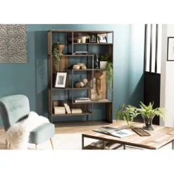 Bibliothèque SIXTINE 6 Niveaux Avec 6 Open Space Bois Teck Recyclé Acacia Mahogany Et Métal