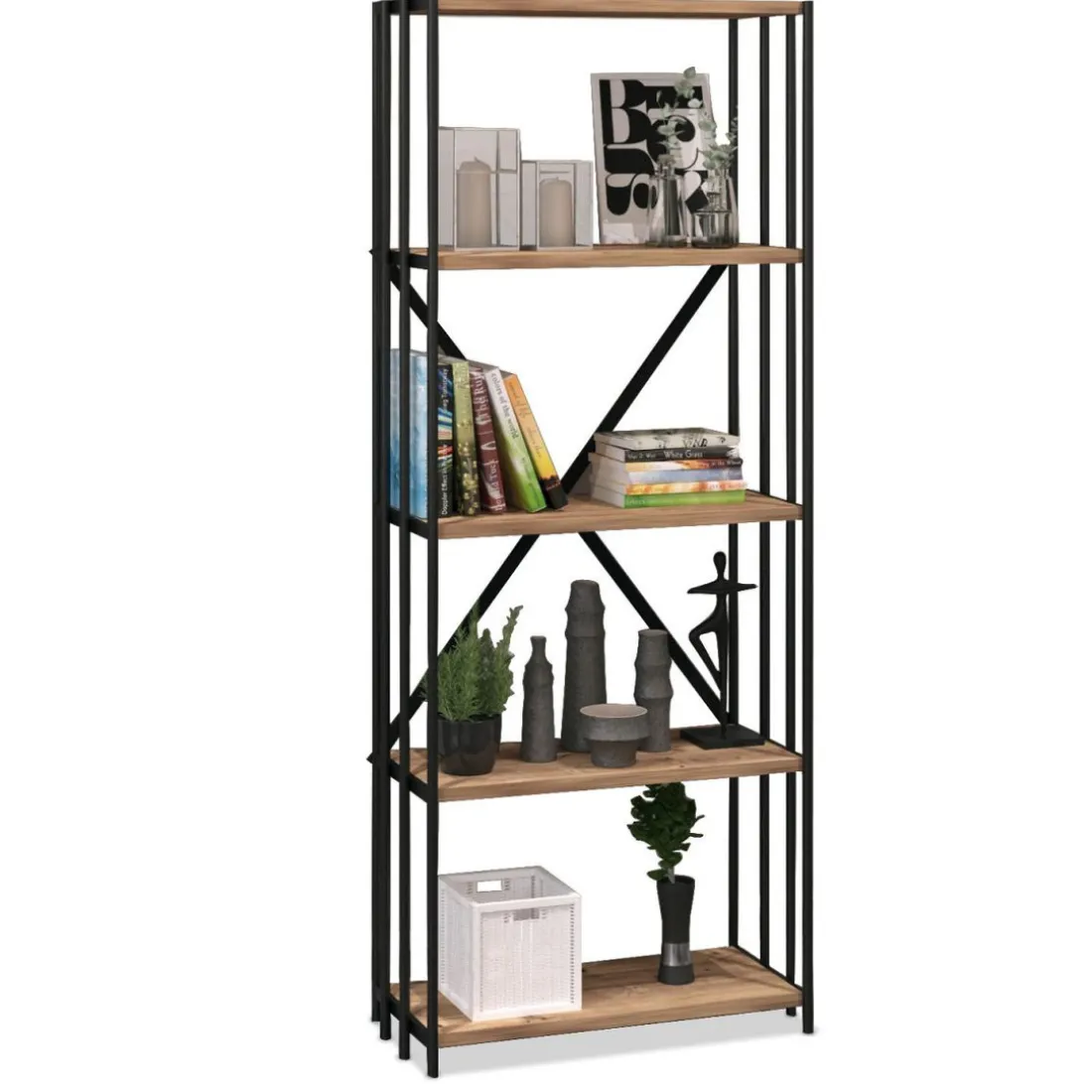 Bibliothèque étagère style industriel TRUDAINE L60xH160cm Chêne