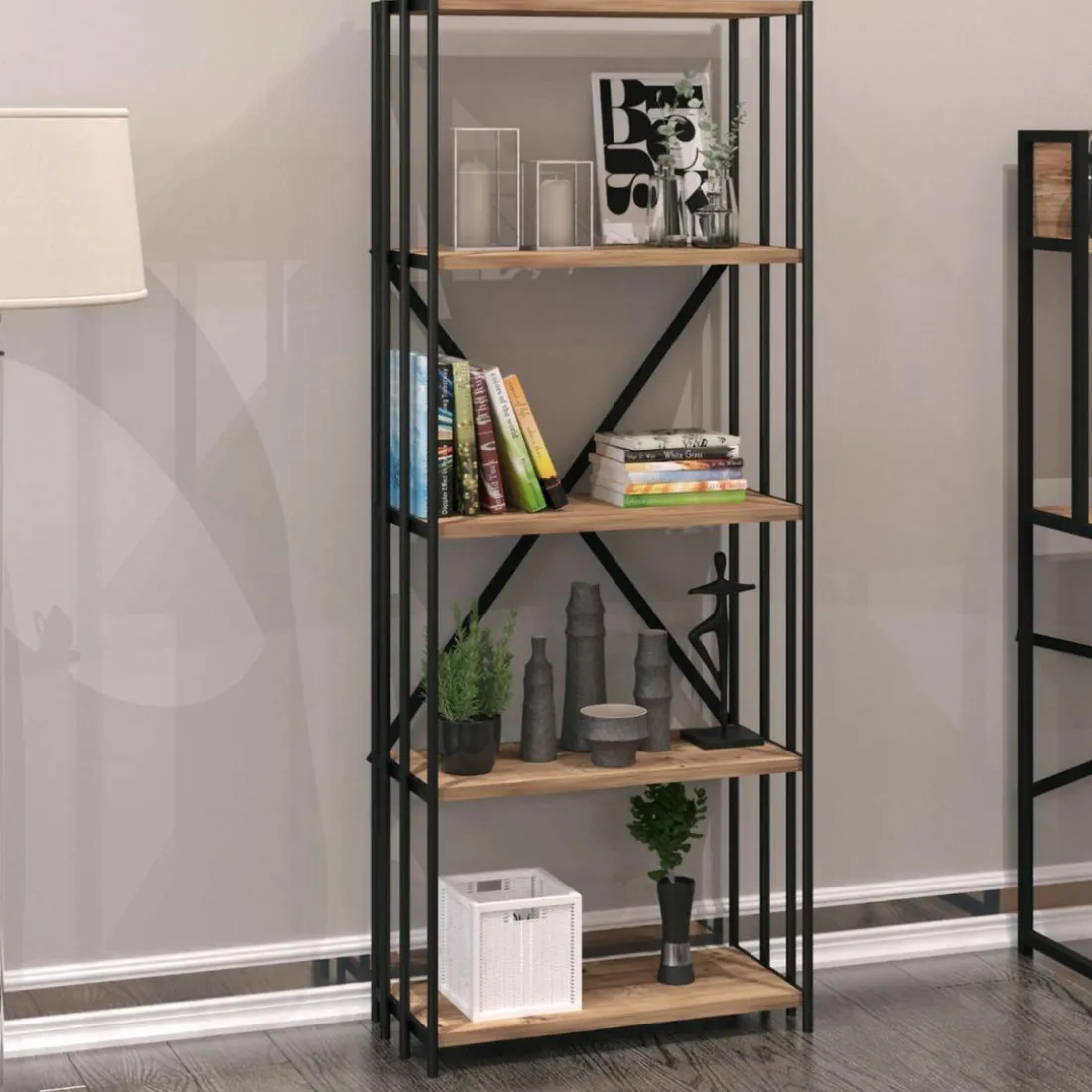 Bibliothèque étagère style industriel TRUDAINE L60xH160cm Chêne