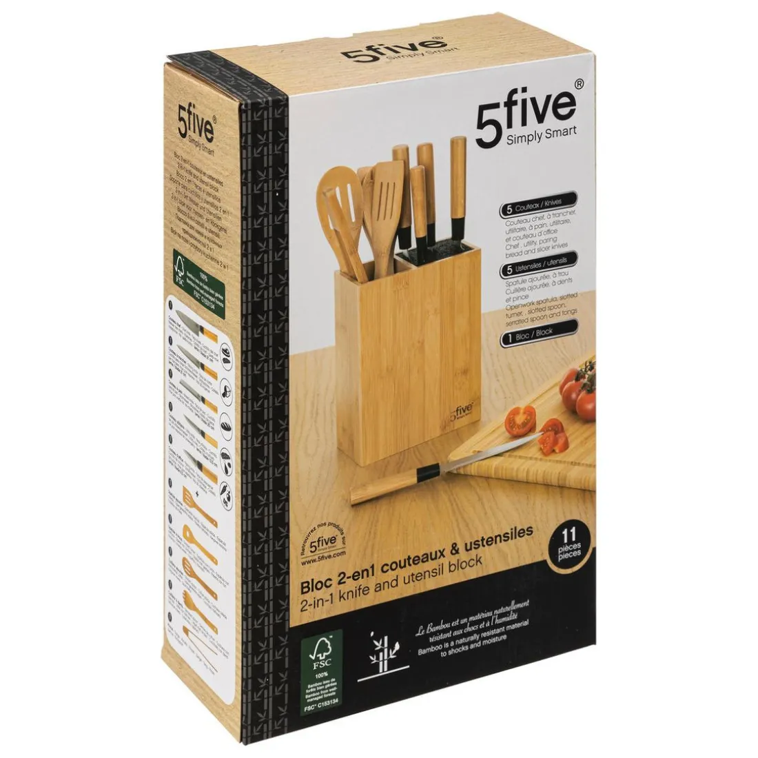 Bloc 5 couteaux & 5 ustensiles manche bambou
