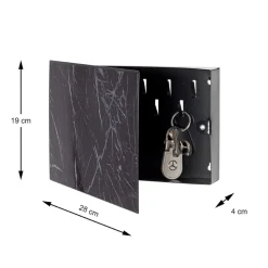 Boite de rangement en métal laqué noir motif marbre foncé avec 9 crochets