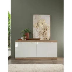 Buffet 4 portes chene cadiz blanc laqué brillant