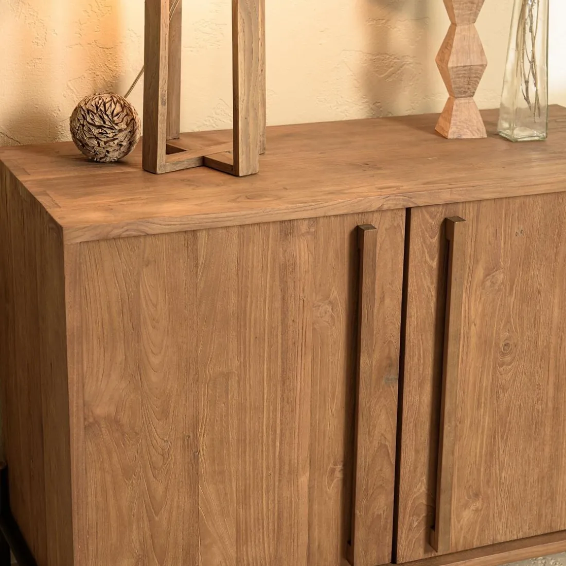 Buffet 2 portes, 1 étagère en bois de teck recyclé