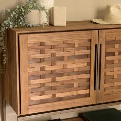 Buffet 2 portes, 2 étagères amovible en bois de teck recyclé et acier