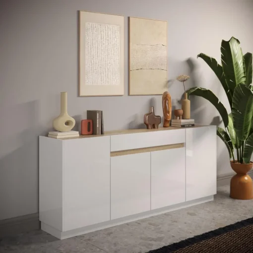 Buffet 4 portes 1 tiroir blanc laqué chene