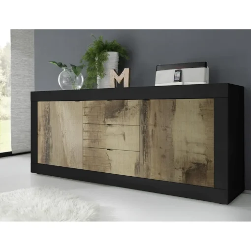 Buffet 2 portes 3 tiroirs bicolore effet bois