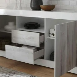 Buffet 2 portes battantes et 2 tiroirs URBINO blanc laqué et ciment