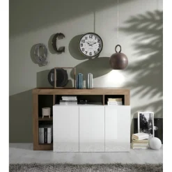 Buffet 3 portes blanc lacqué brillant bois mercure