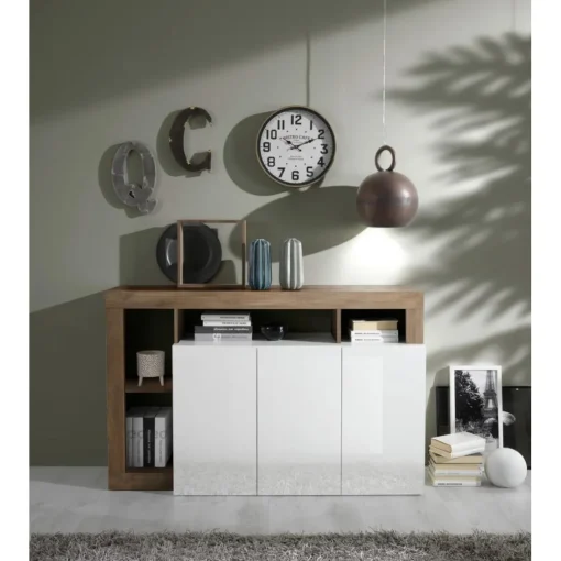 Buffet 3 portes blanc lacqué brillant bois mercure