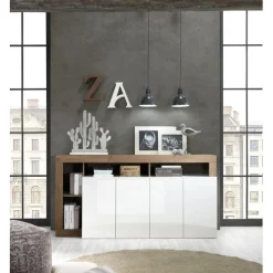 Buffet 4 portes blanc lacqué brillant bois mercure