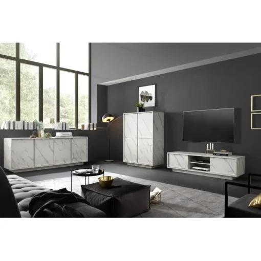 Buffet 4 portes CARRARA décor marbre blanc