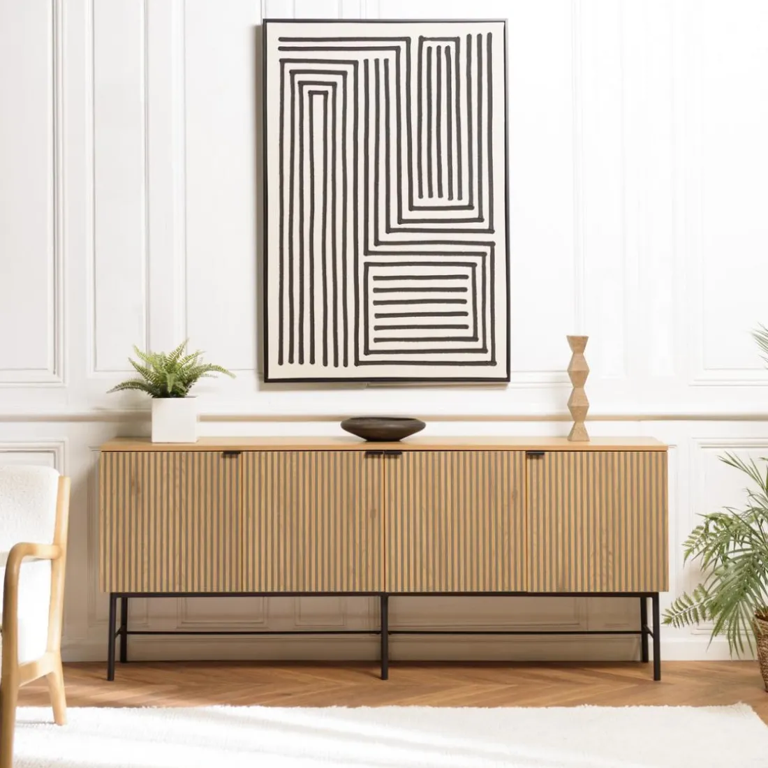 Buffet 4 portes décor effet bois rainuré noir et naturel SCOTT