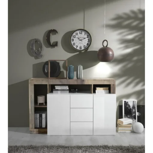 Buffet 2 portes et 3 tiroirs HAMBURG décor chene et laqué blanc