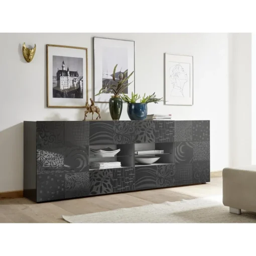 Buffet 2 portes et 4 tiroirs MIRO laqué gris brillant