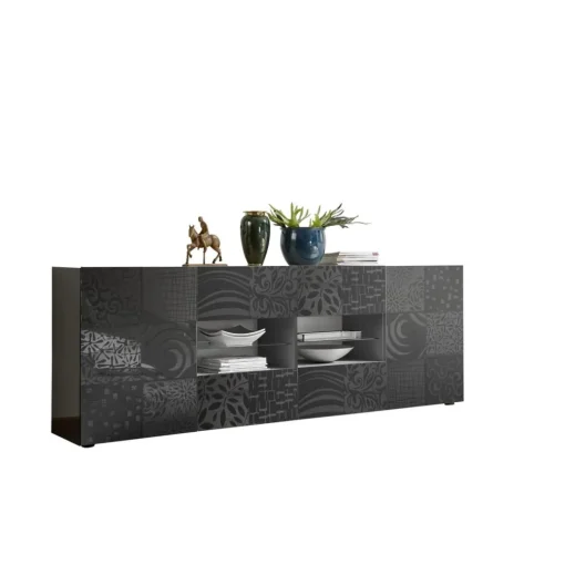 Buffet 2 portes et 4 tiroirs MIRO laqué gris brillant