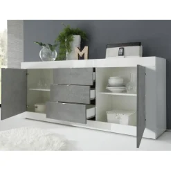 Buffet 2 portes et 3 tiroirs BASIC blanc et décor beton