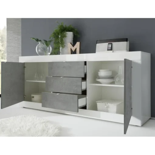 Buffet 2 portes et 3 tiroirs BASIC blanc et décor beton