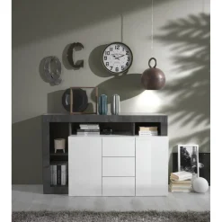 Buffet 2 portes et 3 tiroirs HAMBURG laqué blanc et oxyde