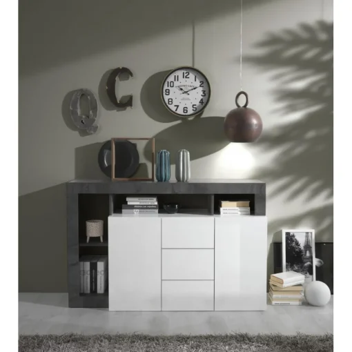 Buffet 2 portes et 3 tiroirs HAMBURG laqué blanc et oxyde