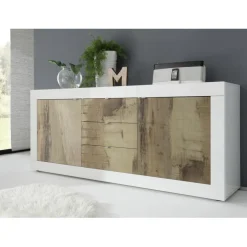 Buffet 2 portes et 3 tiroirs BASIC blanc et décor chene pero