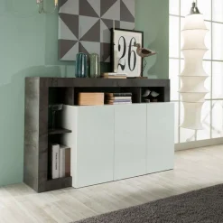 Buffet 3 portes HAMBURG laqué blanc et oxyde