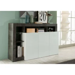 Buffet 3 portes HAMBURG laqué blanc et oxyde