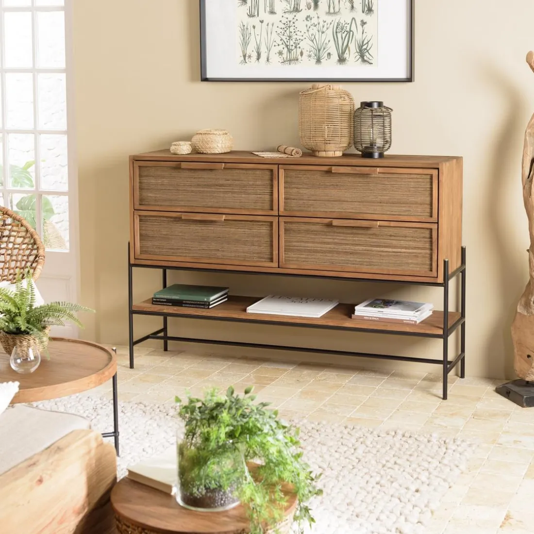 Buffet 4 tiroirs 1 étagère en bois de teck recyclé