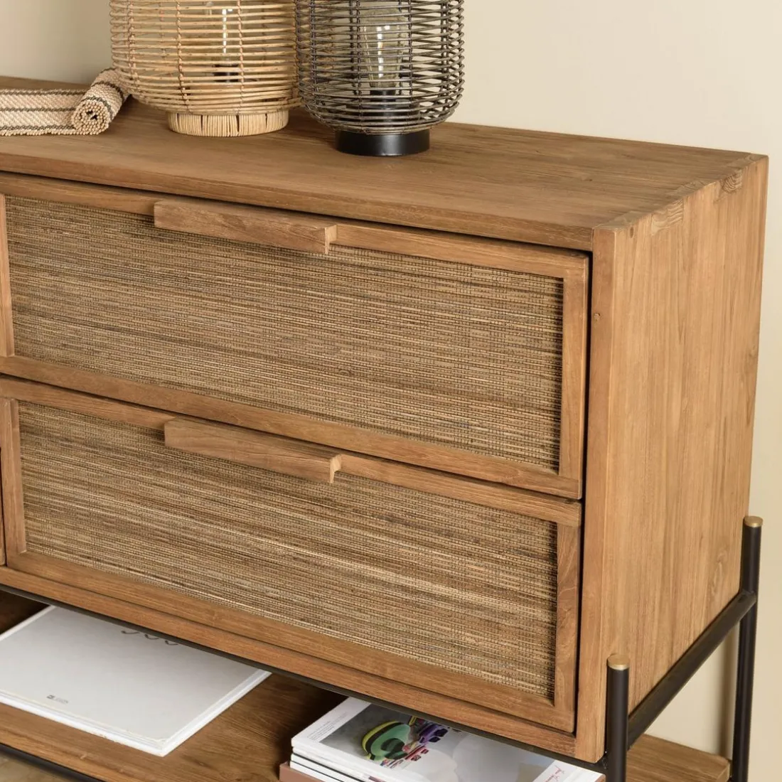 Buffet 4 tiroirs 1 étagère en bois de teck recyclé