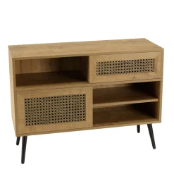Buffet bas marron 3 niches 2 portes effet cannage pieds métal CHARLIE