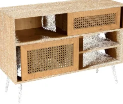 Buffet bas marron 3 niches 2 portes effet cannage pieds métal CHARLIE