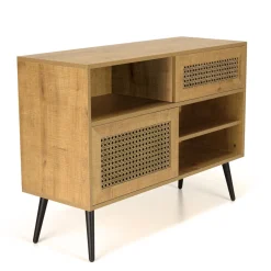Buffet bas marron 3 niches 2 portes effet cannage pieds métal CHARLIE