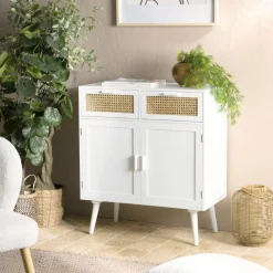 Buffet blanc 2 portes 2 tiroirs cannage naturel