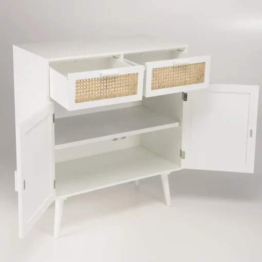 Buffet blanc 2 portes 2 tiroirs cannage naturel