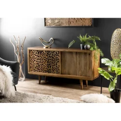 Buffet bois Manguier 160x45cm 2 portes coulissantes 1 étagère Jaipur
