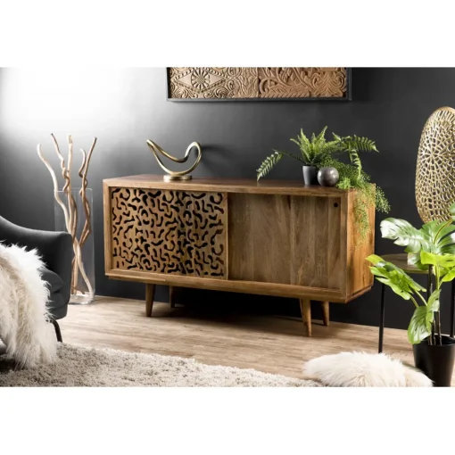 Buffet bois Manguier 160x45cm 2 portes coulissantes 1 étagère Jaipur