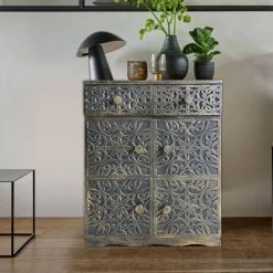 Buffet bois sculpté style oriental 6 portes L70cm Matana Bronze patiné