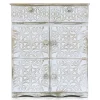 Buffet bois sculpté style oriental 6 portes Matana Blanc patiné Or