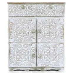 Buffet bois sculpté style oriental 6 portes Matana Blanc patiné Or