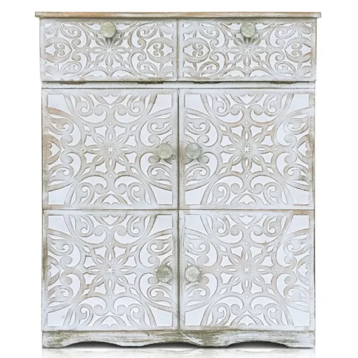 Buffet bois sculpté style oriental 6 portes Matana Blanc patiné Or